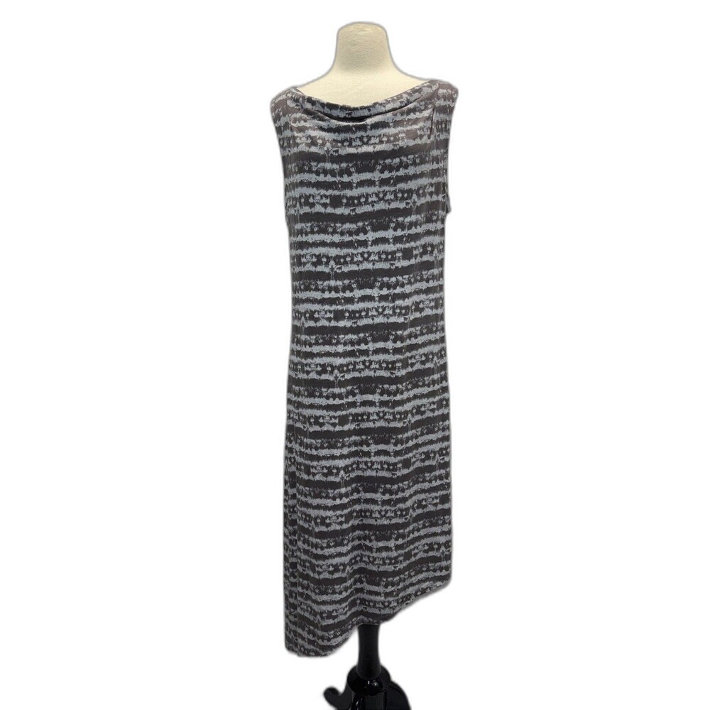 Fresh Produce Dress L Striped Hideaway Gray Asymmetrical Hem Sleeveless Tie Dye